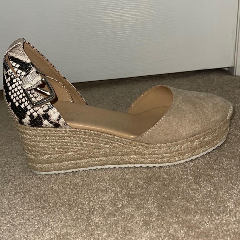 snakeskin and beige wedge